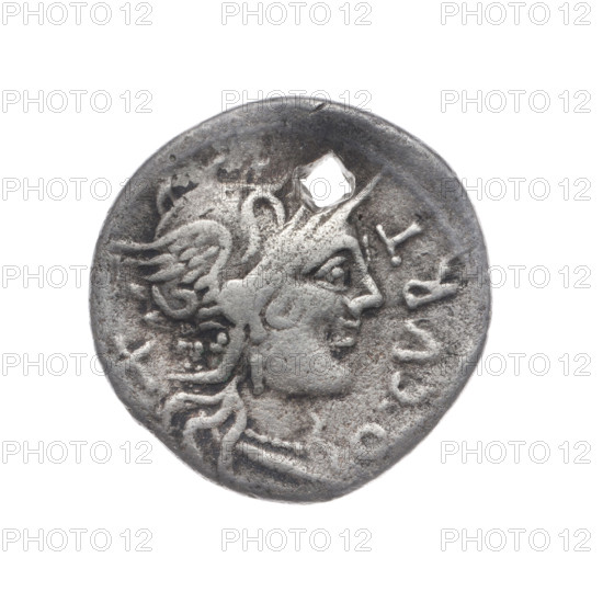 denarius; Curtius, Q. (fl. 116–115 BC), publisher; Silanus, M. (fl. 116–115 BC), publisher. Obv: Helmeted head of Roma right; in front inscription Q.CVRT; behind sign of value X. Beaded border. Rev: Jupiter on a quadriga right, holding scepter in left hand, hurling thunderbolt in right; lituus above; inscription M.SILA (LA in ligature) below the quadriga; under the line the inscription A. Beaded border. 116–115 BC, Roman Republic (505–27 BC). Rome. Coin; diameter 19.5 mm; weight 3.54 g; axis 225°.