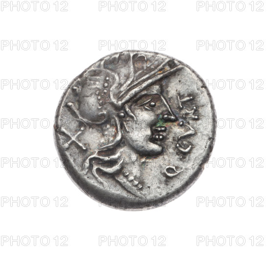 Subaeratus denarius, Curtius, Q. (fl. 116–115 BC), publisher; Silanus, M. (fl. 116–115 BC), publisher. Obverse: Helmeted head of Roma right; inscription Q.CVRT before; sign of value X behind; pearl border. Reverse: Jupiter in a quadriga right, holding a sceptre in his left hand and hurling a thunderbolt in his right; lituus above; inscription M.SI below; under the line inscription ROM; pearl border. Plated coin. 116–115 BC. Roman Republic. Rome. Coin. Diameter 17.7 mm; weight 3.25 g; axis 0°.