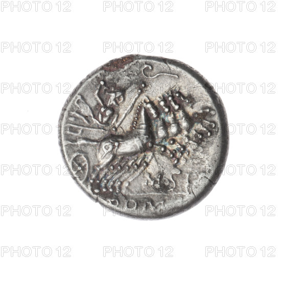 Subaeratus denarius, Curtius, Q. (fl. 116–115 BC), publisher; Silanus, M. (fl. 116–115 BC), publisher. Obverse: Helmeted head of Roma right; inscription Q.CVRT before; sign of value X behind; pearl border. Reverse: Jupiter on a quadriga right, holding a scepter in his left hand and hurling a thunderbolt in his right; lituus above; inscription M.SI below; under the line inscription ROM; pearl border. Attributes: thunderbolt, sceptre, lituus; horses, quadrigae, helmets. Plated coin. 116–115 BC, Roman Republic. Rome. Coin; diameter 17.7 mm; weight 3.25 g; axis 0°.