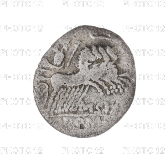Denarius; publishers Q. Curtius and M. Silanus (fl. 116–115 BC). Obverse: helmeted head of Roma right; in front inscription RT; sign of value X before; pearl border. Reverse: Jupiter in a quadriga right, holding sceptre in left and hurling thunderbolt in right; lituus above; inscription M·SILA (LA in ligature) below; under the line inscription ROM; pearl border. Attributes: punches; helmets. Date: 116–115 BC. Culture: Roman Republic. Place: Rome. Material: silver coin. Diameter 19.6 mm; weight 3.21 g; axis 90°.