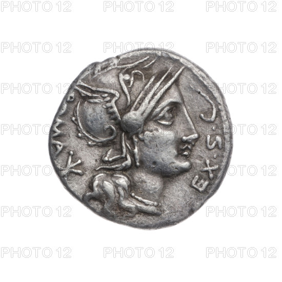 denarius, Sergius Silus, M. (fl. 116–115 BC), publisher; Roma (mythology), horses, helmets, riders, swords, head of Roma, severed heads. Obv. Helmeted head of Roma at right; before it the inscription EX.SC; behind it the sign of value X (crossed out) and the inscription ROMA. Beaded border. Rev. Galloping horseman to the left with a sword and a severed head; below the letter Q and the inscription SERGI; below the line the inscription IL. Pearl border. 116–115 BC; Roman Republic (505–27 BC); Rome; coin; diameter 19.0 mm; weight 3.73 g; axis 180 degrees.