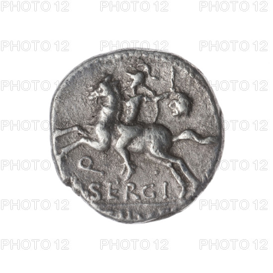 denarius, Sergius Silus, M. (fl. 116–115 BC), publisher; Roma (mythology), horses, helmets, riders, swords, head of Roma, severed heads. Obv. Helmeted head of Roma at right; before it the inscription EX.SC; behind it the sign of value X (crossed out) and the inscription ROMA. Beaded border. Rev. Galloping horseman to the left with a sword and a severed head; below the letter Q and the inscription SERGI; below the line the inscription IL. Pearl border. 116–115 BC, Roman Republic (505–27 BC), Rome; coin, diameter 19.0 mm, weight 3.73 g, axis 180 degrees