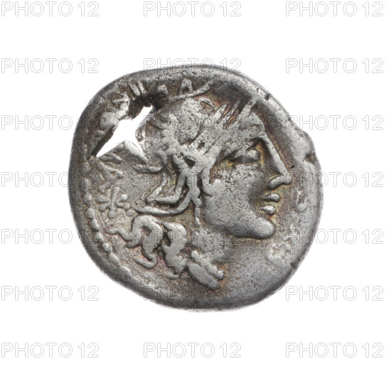 Denarius; M. Sergius Silus (publisher), active 116–115 BC. Obverse: Helmeted head of Roma facing right; before it the letter S; behind it a crossed-out X value sign and additional letters. Beaded border. Reverse: Galloping horseman left, holding a sword and a severed head; below the horse the letter Q and inscription M. SERGI; below the line the inscription SILVS. Pearl border. Roman Republic, 116–115 BC. Silver coin, diameter 19.2 mm, weight 3.60 g, axis 90°.