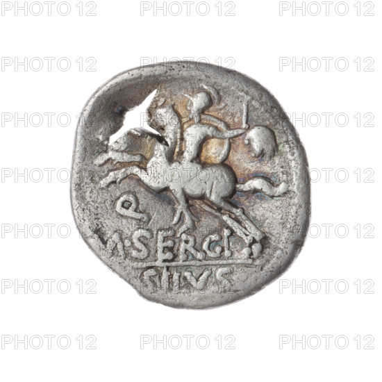 Denarius, Sergius Silus, M. (fl. 116–115 BC), publisher. Roman Republic, 116–115 BC. Obverse: Helmeted head of Roma right; before it the inscription S.; behind it the value sign X (crossed out) and an inscription. Beaded border. Reverse: Galloping horseman left with a sword and a severed head; below the letter Q and the inscription M.SERGI; below the line the inscription SILVS. Pearl border. Roma (mythology) subject; motifs include horses, helmets, riders, swords, severed heads. Coin; diameter 19.2 mm; weight 3.60 g; axis 90°.