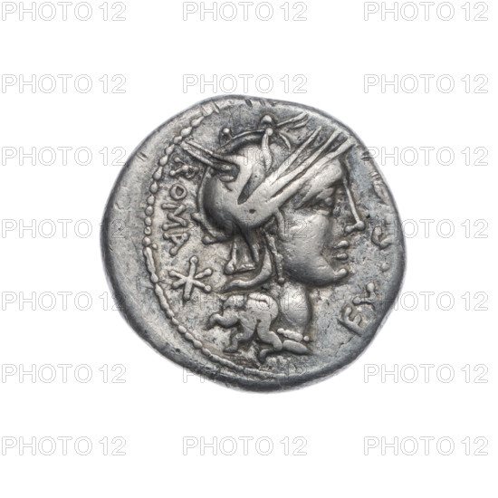 denarius, Sergius Silus, M. (fl. 116–115 BC), publisher; Roma (mythology); horses, helmets, swords, riders; Obv. Helmeted head of Roma at right; before it the inscription EX.S; behind it the sign of value X (crossed out) and the inscription ROMA. Beaded border. Rev. Galloping horseman to the left with a sword and a severed head; below the letter Q and the inscription M.SERGI; below the line the inscription SILVS. Pearl border. 116–115 BC, Roman Republic (505–27 BC), Rome; coin; diameter 18.0 mm; weight 3.87 g; axis 135°.