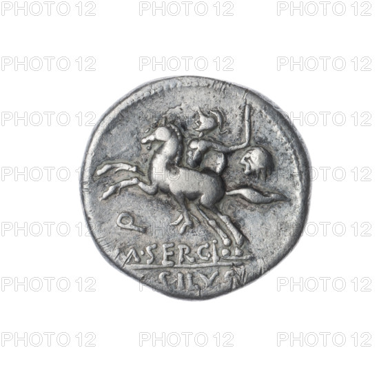 denarius, Sergius Silus, M. (fl. 116–115 BC), publisher; Roma (mythology); horses, helmets, swords, riders. Obv. Helmeted head of Roma at right; before it the inscription EX.S; behind it the sign of value X (crossed out) and the inscription ROMA. Beaded border. Rev. Galloping horseman to the left with a sword and a severed head; below the letter Q and the inscription M.SERGI; below the line the inscription SILVS. Pearl border. 116–115 BC, Roman Republic (505–27 BC), Rome; coin; diameter 18.0 mm; weight 3.87 g; axis 135°.