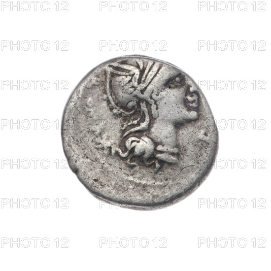 Denarius; Sergius Silus, M. (fl. 116–115 BC), publisher. Obverse: Helmeted head of Roma right; before it the letter E; behind it the value sign X (crossed out) and the inscription ROMA. Beaded border. Reverse: Galloping horseman left with sword and severed head; below the letter Q and the inscription ERGI; below the line another inscription. Pearl border. 116–115 BC; Roman Republic. Rome. Coin. Diameter 17.0 mm; weight 3.79 g; axis 90°.