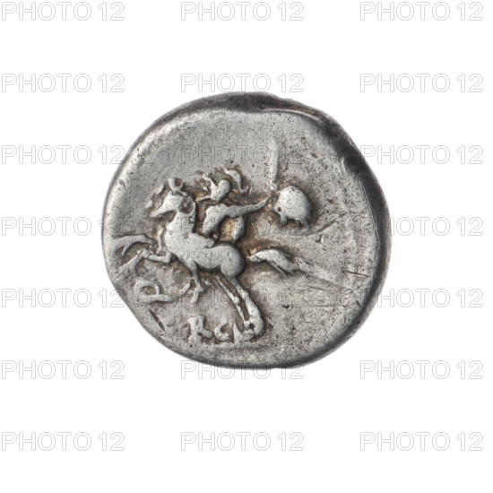 Denarius; issuer: M. Sergius Silus (fl. 116–115 BC), publisher. Obverse: Helmeted head of Roma right; before it the letter E; behind it the value sign X (crossed out) and the inscription ROMA. Beaded border. Reverse: Galloping horseman left with sword and severed head; below the letter Q and the inscription ERGI; below the line another inscription. Pearl border. Bronze? (coin) Diameter 17.0 mm; weight 3.79 g; axis 90°; date: 116–115 BC; culture: Roman Republic.