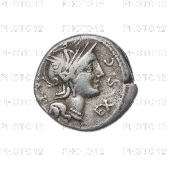 Denarius, Sergius Silus, M. (fl. 116–115 BC), publisher. Obverse: Helmeted head of Roma right; in front the inscription EX.SC; behind the value sign X (crossed out) and the inscription A. Beaded border. Reverse: Galloping horseman left with a sword and a severed head; below the letter Q and the inscription M.SERGI; below the line the inscription SILVS. Pearl border. Roman Republic, 116–115 BC. Bronze/metal coin, diameter 18.0 mm, weight 3.74 g, axis 135°.