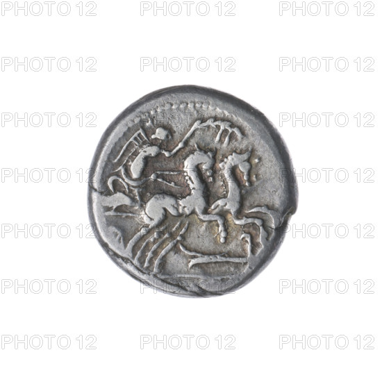 Denarius, Cipius M. (fl. 115–114 BC), publisher. Obverse: Head of Roma in a helmet facing right; in front the inscription M·CIPI·MF; behind the sign of value X. Pearl border. Reverse: Victoria (personification) on a biga facing right, holding the reins in her left hand and a palm branch in her right; below the rudder; inscription beneath the line. Palm branches (attribute), horses, helmets, bigas. 115–114 BC, Roman Republic. Rome. Coin; diameter 16.2 mm; weight 3.92 g; axis 135°.