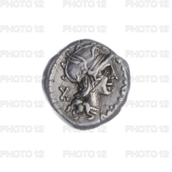 denarius, Cipius, M. (fl. 115–114 BC), publisher; Obv.: Head of Roma in a helmet at right; in front the inscription M.; behind the sign of value X. Pearl border. Rev.: Victoria on a biga to right, holding the reins in her left hand and a palm branch in her right; below the rudder; under the line the inscription ROMA. Pearl border. Horses, helmets, bigas; palm branches (attribute); Wiktoria (personification). 115–114 BC, Roman Republic (505–27 BC), Rome. Coin; diameter 15.0 mm, weight 3.89 g, axis 225°.