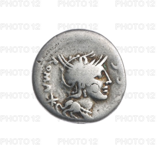 Denarius, M. Sergius Silus (publisher), fl. 116–115 BC. Roman Republic, 116–115 BC. Silver coin (denarius), diameter 17.5 mm, weight 3.62 g, axis 90°. Obverse: Helmeted head of Roma right; before it inscription 'SC'; behind it value sign X (crossed out) and inscription 'ROMA.' Beaded border. Reverse: Galloping horseman left with sword and severed head; below letter Q and inscription 'ERGI'; below the line an additional inscription. Pearl border. Subjects: Roma, horses, helmets, riders, swords, severed heads; punches evident.
