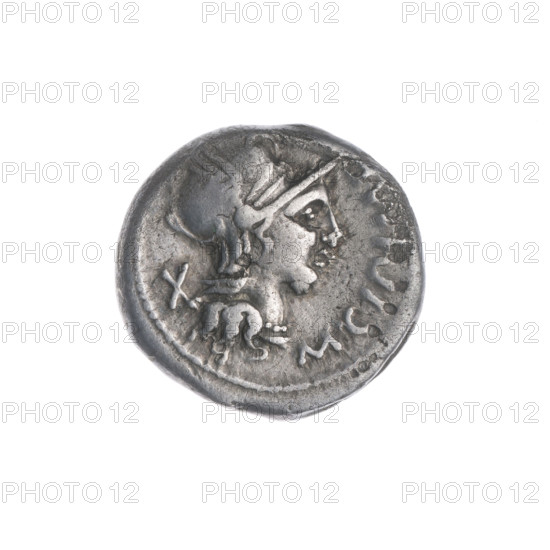 Denarius, Cipius, M. (fl. 115–114 BC), publisher; obverse: head of Roma in a helmet facing right, inscription M·CIPI·MF in front, sign of value X behind, pearl border; reverse: Victoria on a biga facing right, holding reins in left hand and a palm branch in right, rudder below, inscription ROM under the line, pearl border. 115–114 BC, Roman Republic; Rome; coin; diameter 16.4 mm; weight 3.88 g; axis 180°.