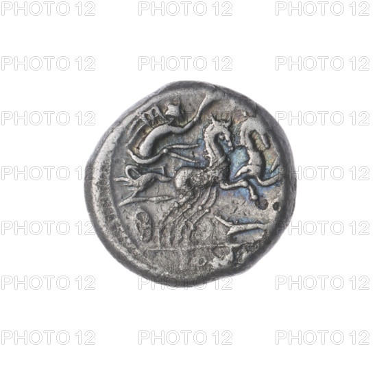 denarius, Cipius, M. (fl. 115–114 BC), publisher; obv. head of Roma in a helmet facing right with inscription M.CIPI.MF before and the sign of value X behind; pearl border. rev. Victoria on a biga facing right, holding reins in her left hand and a palm branch in her right; rudder below; inscription ROM under the line; pearl border. 115–114 BC, Roman Republic; Rome; coin; diameter 16.4 mm; weight 3.88 g; axis 180°.