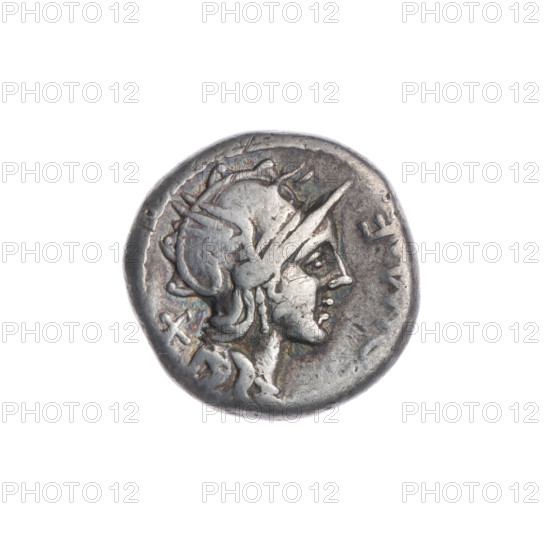 Denarius minted by M. Cipius (fl. 115–114 BC). Obverse: head of Roma wearing a helmet facing right; in front, the letter F; behind, the value mark X; pearl border. Reverse: Victoria riding a biga to the right, holding reins in left hand and a palm branch in right; rudder below; inscription under the line; pearl border. 115–114 BC; Roman Republic. Coin; diameter 16.0 mm; weight 3.87 g; axis 270°.