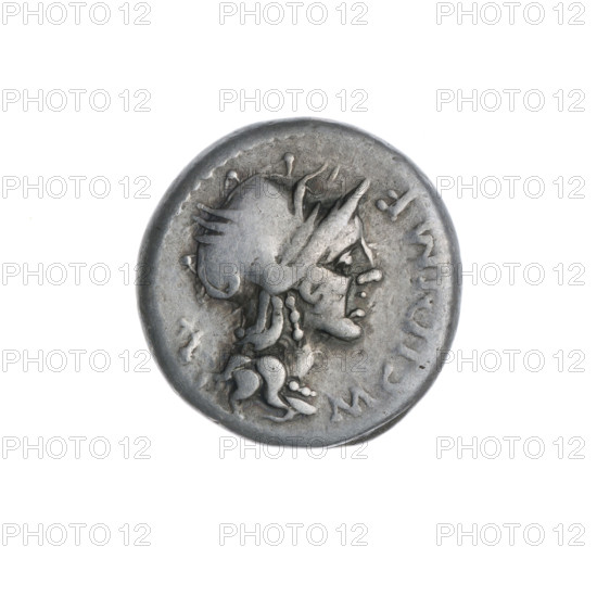 denarius, Cipius, M. (fl. 115–114 BC), publisher; Roma (mythology); horses; helmets; bigas; palm branches (attribute); Victoria (personification); Victoria on a biga; rudders; head of Roma. Obv. Head of Roma in a helmet at right; before it the inscription M. CIPI. M. F.; behind it the sign of value X. Pearl border. Rev. Victoria on a biga to the right, holding the reins in her left hand and a palm branch in her right; below the rudder; under the line the inscription OMA. 115–114 BC. Roman Republic (505–27 BC). Rome. Coin. Diameter 16.0 mm; weight 3.85 g; axis 315°.