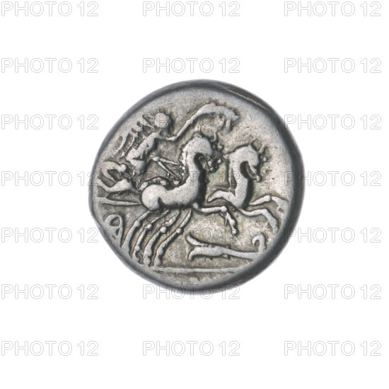 denarius, Cipius, M. (fl. 115–114 BC), publisher; Roman Republic, 115–114 BC; Rome. Obverse: head of Roma in a helmet at right; before it the inscription M.CIPI.MF; behind it the sign of value X; pearl border. Reverse: Victoria on a biga to the right, holding reins in her left hand and a palm branch in her right; below the rudder; under the line the inscription OMA; pearl border. Material: coin; diameter 16.0 mm; weight 3.85 g; axis 315°.