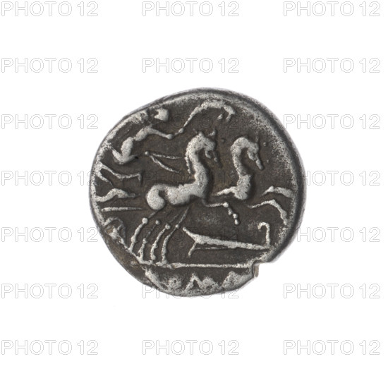 Denarius; issuer: M. Cipius (fl. 115–114 BC), publisher. Obverse: Head of Roma wearing a helmet facing right; in front the inscription 'M.CIPI.MF'; behind the helmet the value mark 'X'. Pearl border. Reverse: Victoria driving a biga right, holding reins in left hand and a palm branch in right; rudder below; under the line the inscription 'OMA'. Pearl border. Attributes: horses, helmets, palm branches, rudders. Date: 115–114 BC. Culture: Roman Republic. Place: Rome. Medium: coin. Diameter 16.4 mm; weight 3.79 g; axis 0°.
