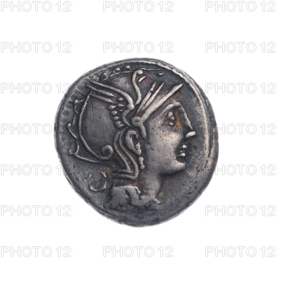 Denarius; obverse: helmeted head of Roma right, behind her a quadrangular device; beaded border. Reverse: Victoria riding a triga right; below, inscription T. MANL. (MANL in ligature) AP. CL. Q. VR (VR in ligature); beaded border. Makers/publishers: Manlius Mancinus, T. (fl. 111–110 BC); Claudius Pulcher, Ap. (fl. 111–110 BC); Urbinius, Q. (fl. 111–110 BC). Subject motifs: Roma, horses, Victoria (personification), triga. Date: 111–110 BC, Roman Republic. Medium/Form: coin (denarius). Diameter 17.0 mm; weight 3.89 g; axis 45°.