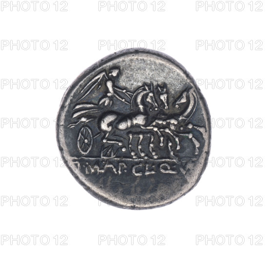 Denarius, Manlius Mancinus; publishers T. (fl. 111–110 BC), Ap. Claudius Pulcher (fl. 111–110 BC), Q. Urbinius (fl. 111–110 BC). Obverse: helmeted head of Roma right; behind her a quadrangular device; beaded border. Reverse: Victoria on a triga right; below, inscription 'T. MANL. AP. CL. Q. VR' (MANL and VR in ligature); beaded border. Depicts Roma, horses, and the personification Victoria. 111–110 BC, Roman Republic. Coin; diameter 17.0 mm; weight 3.89 g; axis 45°.