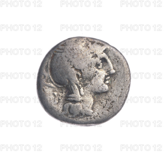 Denarius; obverse: helmeted head of Roma facing right, with a quadrangular device behind; reverse: Victoria driving a triga to the right; under the line the inscription 'T. MANL. (MANL in ligature) AP. CL. Q.'; publishers: Manlius Mancinus (T., fl. 111–110 BC), Claudius Pulcher (Ap., fl. 111–110 BC), Urbinius (Q., fl. 111–110 BC); subjects: Roma, horses, Victoria (personification), triga; date: 111–110 BC (Roman Republic); material: coin; diameter 16.9 mm; weight 3.74 g; axis 315°.