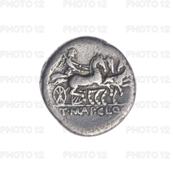 Denarius, Manlius Mancinus (fl. 111–110 BC), publishers Claudius Pulcher and Q. Urbinius (fl. 111–110 BC). Obverse: helmeted head of Roma right; behind her a quadrangular device. Reverse: Victoria on a triga right; under the line the inscription 'T. MANL. (MANL in ligature) AP. CL. Q.' Circa 111–110 BC, Roman Republic. Silver coin, diameter 16.9 mm, weight 3.74 g, axis 315°.