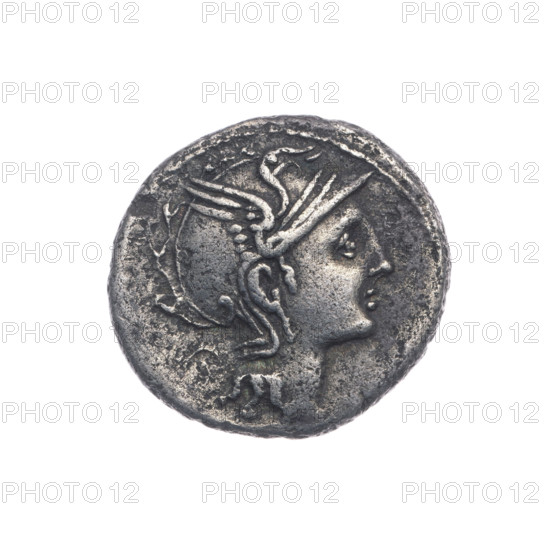 Denarius, Manlius Mancinus; publishers T. (fl. 111–110 BC), Ap. Claudius Pulcher (fl. 111–110 BC), Q. Urbinius (fl. 111–110 BC). Obverse: head of Roma in a helmet to right; behind it a quadrangular device; pearl border. Reverse: Victoria on triga to right; under the line the inscription 'T. MANL. AP. CL. Q. VR' (MANL and VR in ligature); pearl border. 111–110 BC. Roman Republic (505–27 BC). Rome. Coin; diameter 18.3 mm; weight 3.69 g; axis 270°.