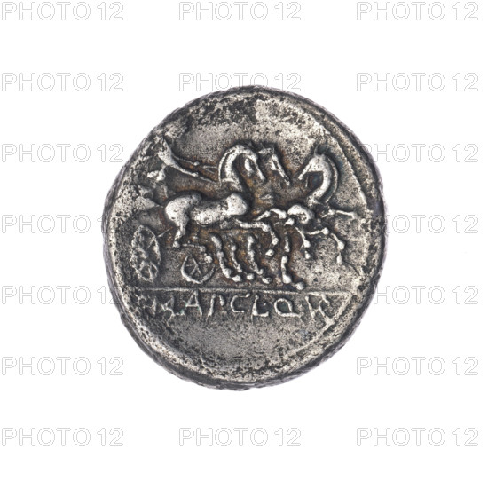 Denarius; issuers T. Manlius Mancinus (publisher), Ap. Claudius Pulcher (publisher), Q. Urbinius (publisher); obverse: head of Roma in helmet right with quadrangular device behind, pearl border; reverse: Victoria in a triga right, inscription T. MANL. (MANL in ligature) AP. CL. Q. VR (VR in ligature), pearl border. Dated 111–110 BC, Roman Republic; Rome. Coin; diameter 18.3 mm; weight 3.69 g; axis 270°.
