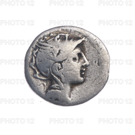 Denarius, T. Manlius Mancinus (publisher, fl. 111–110 BC), Ap. Claudius Pulcher (publisher, fl. 111–110 BC), Q. Urbinius (publisher, fl. 111–110 BC). Obverse: head of Roma in a helmet facing right; behind it a quadrangular device. Reverse: Victoria on a triga at right; under the line the inscription 'T. MANL.' (MANL in ligature) AP. Pearl border. 111–110 BC, Roman Republic (505–27 BC). Rome. Coin; silver. Diameter 18.6 mm; weight 3.48 g; axis 0°.