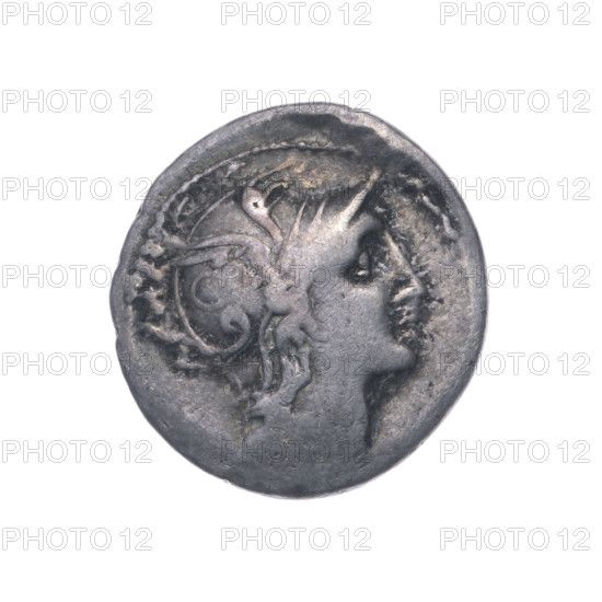 Denarius, Claudius Pulcher, C. (fl. 110–109 BC), publisher. Obverse: head of Roma wearing a helmet facing right; beaded border. Reverse: Victoria driving a biga to the right; inscription VLCHER beneath the line; beaded border. Imagery includes horses and Victoria (personification). Roman Republic, 110–109 BC. Coin; diameter 18.4 mm, weight 3.77 g, axis 315°.