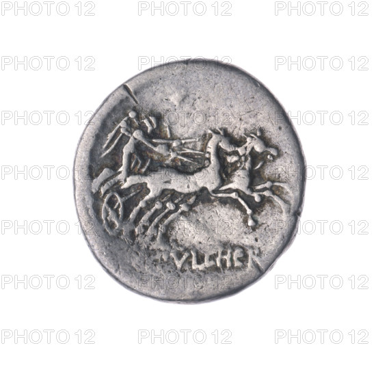 Denarius; issuer: C. Claudius Pulcher (fl. 110–109 BC), moneyer. Obverse: head of Roma right, wearing helmet; beaded border. Reverse: Victoria driving a biga right; inscription 'VLCHER' below the line; beaded border. Subject: Roma, Victoria, horses, biga. Date: 110–109 BC (Roman Republic). Material: coin; diameter 18.4 mm; weight 3.77 g; axis 315°.