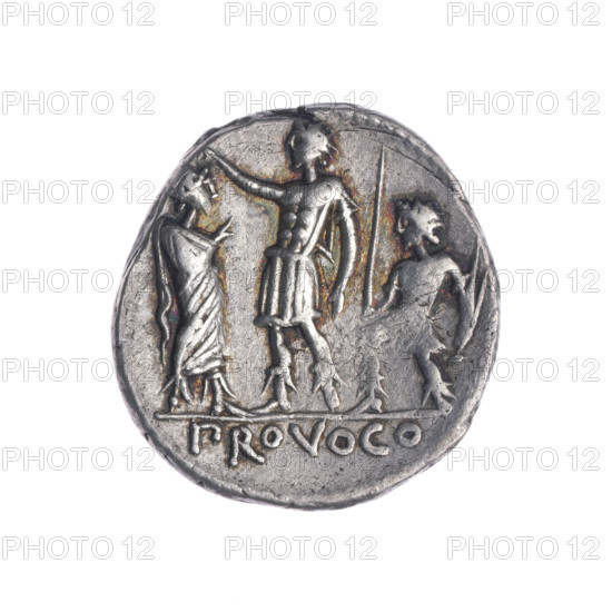 Denarius, Porcius Laeca, P. (fl. 110–109 BC), publisher. Obv: Head of Roma in a helmet facing right; above inscription ROMA; behind it inscription P·LAECA (AE ligature); in front the sign of value X. Pearl border. Rev: A figure in military costume with raised hand stands left, facing a figure in a toga; at right a figure holding rods (one in right hand, two in left); under the line the inscription PROVOCO. 110–109 BC. Roman Republic. Rome. Coin. Diameter 19.7 mm; weight 3.90 g; axis 225°.