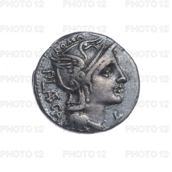 Denarius, Porcius Laeca, P. (fl. 110–109 BC), publisher. Obv.: Head of Roma in a helmet facing right; above inscription ROMA; behind it the inscription P. LAECA (AE ligature); in front the value mark X. Pearl border. Rev.: A figure in military costume with raised hand stands turned left toward a figure in a toga; on the right a figure holding rods, one in the right hand and two in the left; under the line the inscription PROVOCO. 110–109 BC. Roman Republic. Rome. Coin. Diameter 18.2 mm; weight 3.88 g; axis 135°.