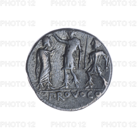 denarius, Porcius Laeca, P. (fl. 110–109 BC), publisher; Roma (mythology). Obv.: Head of Roma in a helmet facing right; above the inscription ROMA; behind it the inscription P.LAECA (AE in ligature); in front the sign of value X. Pearl border. Rev.: A figure in military costume with a raised hand stands turned left toward a figure in a toga; on the right a figure holding rods, one in the right hand and two in the left; under the line the inscription PROVOCO. Pearl border. 110–109 BC, Roman Republic; Rome. Coin, diameter 18.2 mm, weight 3.88 g, axis 135°.