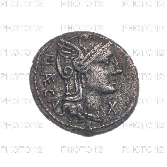 Denarius, P. Porcius Laeca (publisher, fl. 110–109 BC). Obverse: Head of Roma with helmet facing right; above inscription ROMA; behind, inscription P·LAECA (AE ligature); in front, value mark X. Pearl border. Reverse: Figure in military costume with raised hand, turned left toward a togate figure; at right, a figure holding rods (one in right hand, two in left); inscription PROVOC under the line. Pearl border. Roman Republic, 110–109 BC. Rome. Silver coin; diameter 19.3 mm; weight 3.66 g; axis 180°.