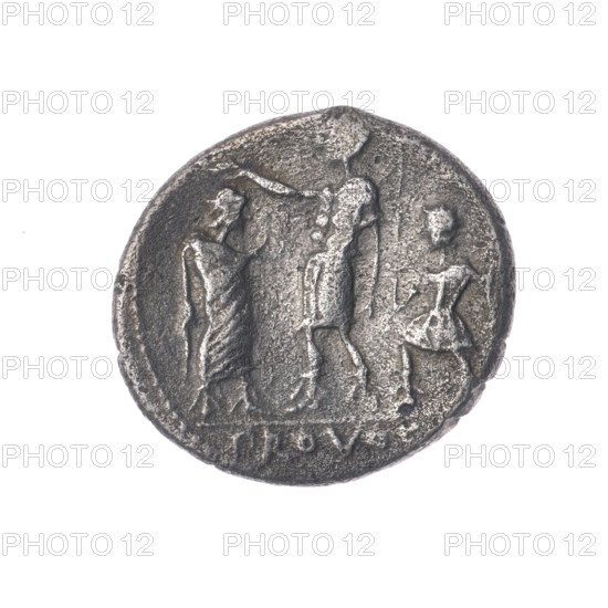 Denarius, Porcius Laeca, P. (fl. 110–109 BC), publisher. Obverse: Head of Roma with a helmet facing right; above the inscription ROMA; behind it the inscription P. LAECA (AE in ligature); in front the sign of value X. Pearl border. Reverse: A figure in military costume with a raised hand stands turned left toward a figure in a toga; on the right a figure with rods, one in the right hand and two in the left hand; under the line the inscription PROVOC. Pearl border. Date: 110–109 BC. Culture: Roman Republic. Place: Rome. Object type: coin (denarius). Diameter: 19.3 mm. Weight: 3.66 g. Axis: 180 degrees.
