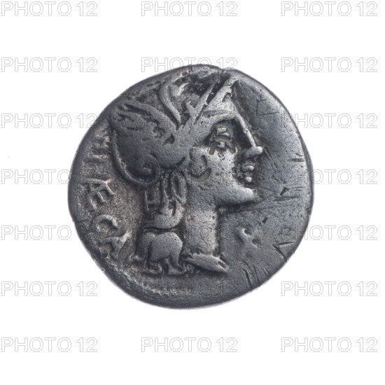 Denarius, Porcius Laeca, P. (fl. 110–109 BC), publisher. Obverse: head of Roma wearing a helmet facing right; above the inscription ROMA; behind it the inscription P. LAECA (AE in ligature); in front the sign of value X. Pearl border. Reverse: a figure in military dress with raised hand standing turned left toward a figure in a toga; at right a figure holding rods, one in the right hand and two in the left; under the line the inscription OVOCO. Bronze? (denarius) — 110–109 BC. Roman Republic. Rome. Coin. Diameter 18.5 mm, weight 3.62 g, axis 135°.