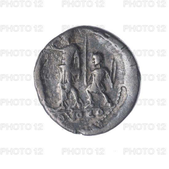 Denarius, Porcius Laeca, P. (fl. 110–109 BC), publisher. Obverse: head of Roma wearing a helmet facing right; above inscription ROMA; behind, inscription P. LAECA (AE in ligature); in front, value sign X. Pearl border. Reverse: figure in military dress with raised hand standing turned left toward a figure in a toga; at right, a figure with rods (one in right hand, two in left); under the line the inscription OVOCO. Bronze? (coin), diameter 18.5 mm, weight 3.62 g, axis 135°, 110–109 BC, Roman Republic.