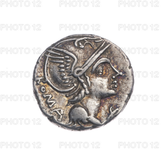Denarius, issuer L. Flaminius Chilo (fl. 109–108 BC). Obverse: Head of Roma right, wearing helmet; behind, inscription ROMA; in front, value sign X. Pearl border. Reverse: Victoria driving a biga right, holding reins in left hand and a wreath in right; below, inscription L. FLAMMIN (?), under the line inscription CILO. Pearl border. Attributes: biga, horses, laurel wreath. Iconography: head of Roma; Victoria on a biga; helmets. Date: 109–108 BC. Culture: Roman Republic. Place: Rome. Medium: coin. Diameter 18.3 mm; weight 3.92 g; axis 180°.