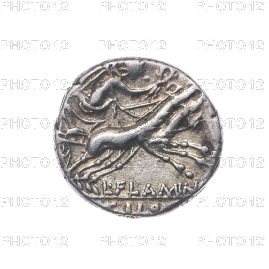 Denarius; issuer: L. Flaminius Chilo (fl. 109–108 BC); Rome; 109–108 BC. Obverse: head of Roma right, wearing a helmet; behind, inscription ROMA; in front, value mark X. Pearl border. Reverse: Victoria driving a biga right, holding reins in her left hand and a wreath in her right; below inscription L. FLAMIN; under the line inscription CILO. Iconography: head of Roma, Victoria on a biga, laurel wreath; helmets. Roman Republic. Coin; diameter 18.3 mm; weight 3.92 g; axis 180°.