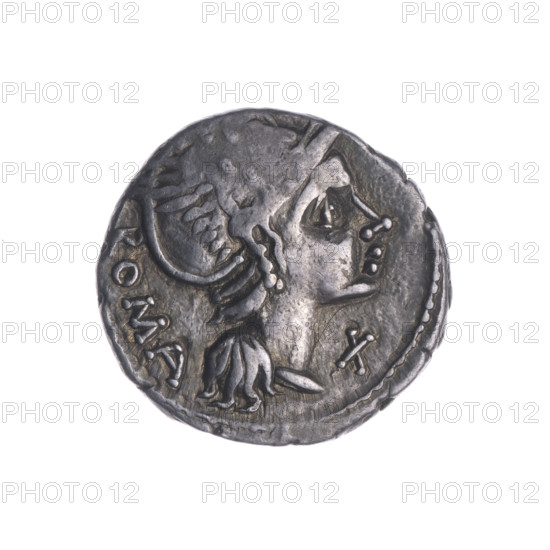 Denarius, Flaminius Chilo, L. (fl. 109–108 BC), publisher. Obverse: head of Roma in a helmet at right; behind her the inscription ROMA; in front the sign of value X. Pearl border. Reverse: Victoria on a biga to the right, holding reins in her left hand and a wreath in her right. Pearl border. Iconography: Roma (mythology), laurel wreath (attribute), head of Roma, Victoria on a biga, helmets. Date: 109–108 BC, Roman Republic. Place: Rome. Coin; diameter 18.6 mm; weight 3.89 g; axis 225°.