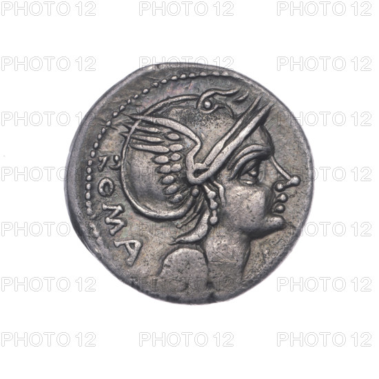 Denarius, Flaminius Chilo, L. (fl. 109–108 BC), publisher; obverse: head of Roma in a helmet right, behind inscription ROMA, sign of value X in front, pearly border; reverse: Wiktoria (Victory) on a biga right, holding reins in left hand and a wreath in right, inscription L.FLAMI below the line; helmets, message, laurel wreath (attribute); iconography: head of Roma, Wiktoria on a biga; 109–108 BC, Roman Republic, Rome; coin; diameter 19.2 mm; weight 3.84 g; axis 270°.