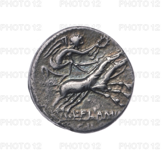 denarius, Flaminius Chilo, L. (fl. 109–108 BC), publisher; bigas, horses; laurel wreath (attribute); Wiktoria (personification); Roma (mythology). Obv.: Head of Roma in a helmet facing right; behind her the inscription ROMA; in front the sign of value X; pearly border. Rev.: Wiktoria on a biga facing right, holding reins in her left hand and a wreath in her right; below the inscription L. FLAMI; pearl border. 109–108 BC, Roman Republic (505–27 BC), Rome; coin; diameter 19.2 mm; weight 3.84 g; axis 270°.