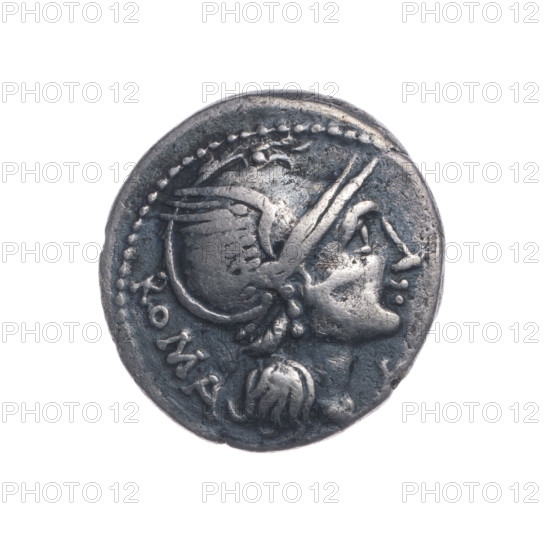 denarius, Flaminius Chilo, L. (fl. 109–108 BC), publisher; biga with horses; laurel wreath (attribute); Wiktoria (personification); Roma (mythology). Obv.: Head of Roma in a helmet facing right; behind her the inscription ROMA; in front the sign of value X; pearly border. Rev.: Wiktoria on a biga facing right, holding reins in her left hand and a wreath in her right; below the inscription L. FLAMIN.; under the line the inscription CILO; pearl border. 109–108 BC, Roman Republic; Rome; coin; diameter 18.5 mm; weight 3.80 g; axis 315°
