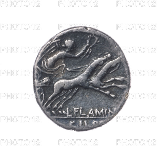denarius, Flaminius Chilo, L. (fl. 109–108 BC), publisher; bigas, horses; message; laurel wreath (attribute); Wiktoria (personification); Roma (mythology). Obv. Head of Roma in a helmet to right; behind her the inscription ROMA; in front the sign of value X. Pearled border. Rev. Wiktoria on a biga to right, holding reins in her left hand and a wreath in her right; below the inscription L. FLAMIN.; under the line the inscription CILO. Pearled border. 109–108 BC, Roman Republic (505–27 BC), Rome; coin; diameter 18.5 mm; weight 3.80 g; axis 315°