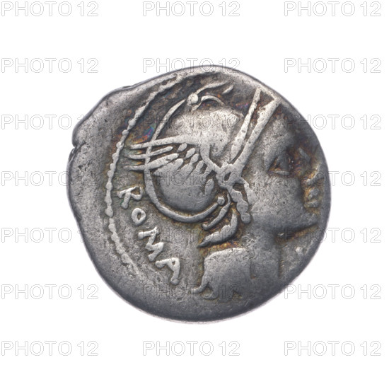 Denarius; issuer: L. Flaminius Chilo (fl. 109–108 BC). Obverse: head of Roma in a helmet facing right; behind her the inscription ROMA; in front the sign of value X; pearl border. Reverse: Victoria driving a biga to the right, holding reins in her left hand and a wreath in her right; below inscription L. FLAMIN; under the line inscription CILO; pearl border. Date: 109–108 BC. Culture: Roman Republic. Place: Rome. Object type: coin. Diameter 19.6 mm; weight 3.74 g; axis 225°. Subjects/attributes: biga, horses, Roma, laurel wreath, Victoria, helmets.