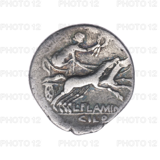 Denarius; issuer: L. Flaminius Chilo (fl. 109–108 BC). Obverse: head of Roma right, wearing a helmet; behind, inscription ROMA; in front, value mark X. Pearl border. Reverse: Victoria driving a biga right, holding reins in left hand and a wreath in right; inscription L. FLAMIN; under the line CILO. Pearl border. Date: 109–108 BC. Culture: Roman Republic. Place: Rome. Medium: coin. Diameter 19.6 mm; weight 3.74 g; axis 225°.