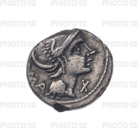 Denarius, publisher L. Flaminius Chilo (fl. 109–108 BC). Obverse: head of Roma in a helmet at right; behind her the inscription MA; before her the sign of value X. Pearl border. Reverse: Victoria (Wiktoria, personification) on a biga to the right, holding reins in the left hand and a wreath in the right; below the inscription L. FLA.; pearl border. Roman Republic, 109–108 BC. Rome. Coin; diameter 18.3 mm, weight 3.65 g, axis 225°.