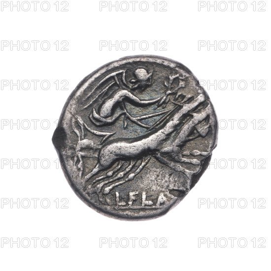 Denarius, L. Flaminius Chilo (fl. 109–108 BC), 109–108 BC, Roman Republic. Obverse: head of Roma in a helmet at right; behind her the inscription 'MA'; before her the sign of value X. Pearl border. Reverse: Victoria on a biga to right, holding reins in left hand and a wreath in right; below the inscription 'L. FLA.' Pearl border. Silver coin (denarius), diameter 18.3 mm, weight 3.65 g, axis 225°.
