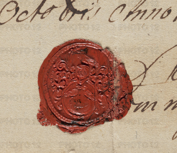 Bill of exchange handwritten by Ludwik Ruppert with a wax seal and signature. Text instructs payment to 'His Honorable Lord Dembski, Starost of Naklo, Tynfów' of three thousand (3000) Tynf received from that lord in ready money; directs due payment to the account. Dated October 8, 1712, Gdansk. Inscribed/accepted by Ludwik Ruppert ('Kommis.Gen.Tes.Reip.'). Materials: ink on paper with wax seal. Function: bill of exchange/security. Style: early 18th-century commercial document., A close-up of an old red wax seal pressed onto beige paper, showing ornate raised patterns and a slightly irregular circular shape with a few cracks and rough edges, a torn section where the wax is flaking and some dark smudges on the wax surface, with the paper around it textured and a few strokes of dark brown ink partially visible near the seal.
